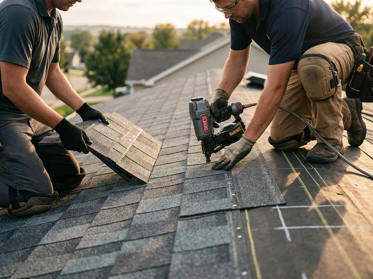 Professional roofer working on a residential roof in Hybla Valley
